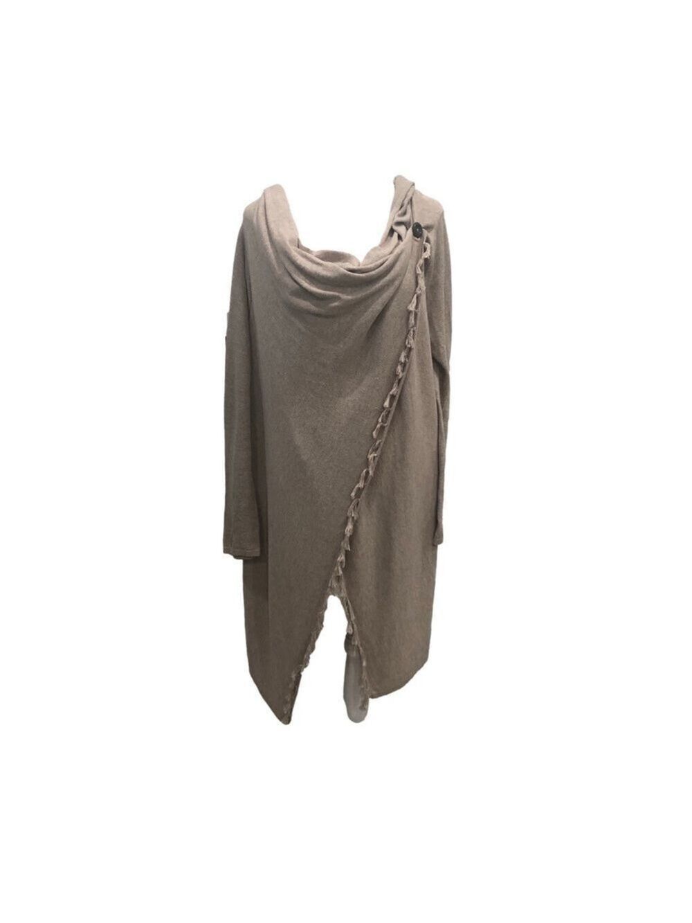 Matilda Jane Size M Come On Over drape wrap sweater. Beige. Cowl neck tassels